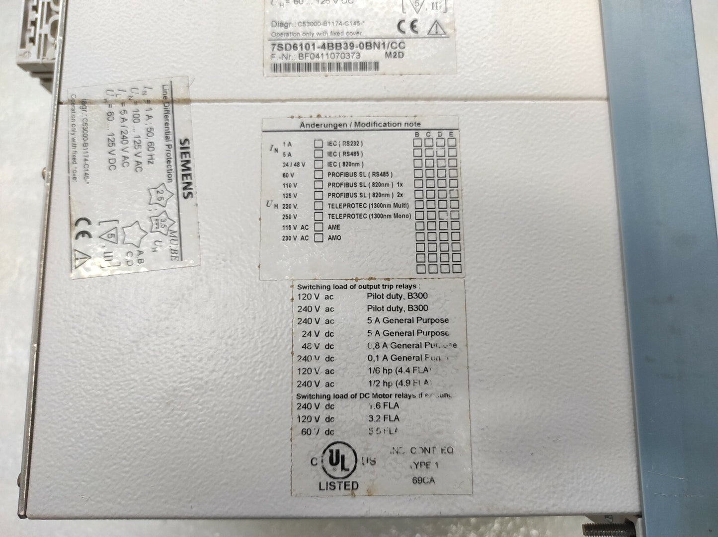 SIEMENS SIPROTEC 7SD61 LINE DIFFERENTIAL PROTECTION 7SD6101-4BB39-0BN1CC