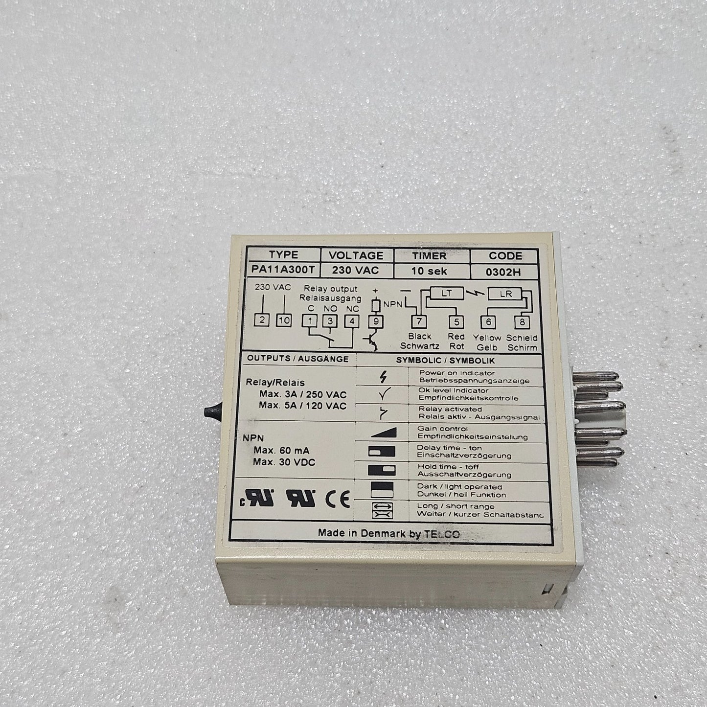 TELCO SENSORS PA11A 300T PHOTO AMPLIFIER – 230 VAC, 10 SEC TIMER 0453190000