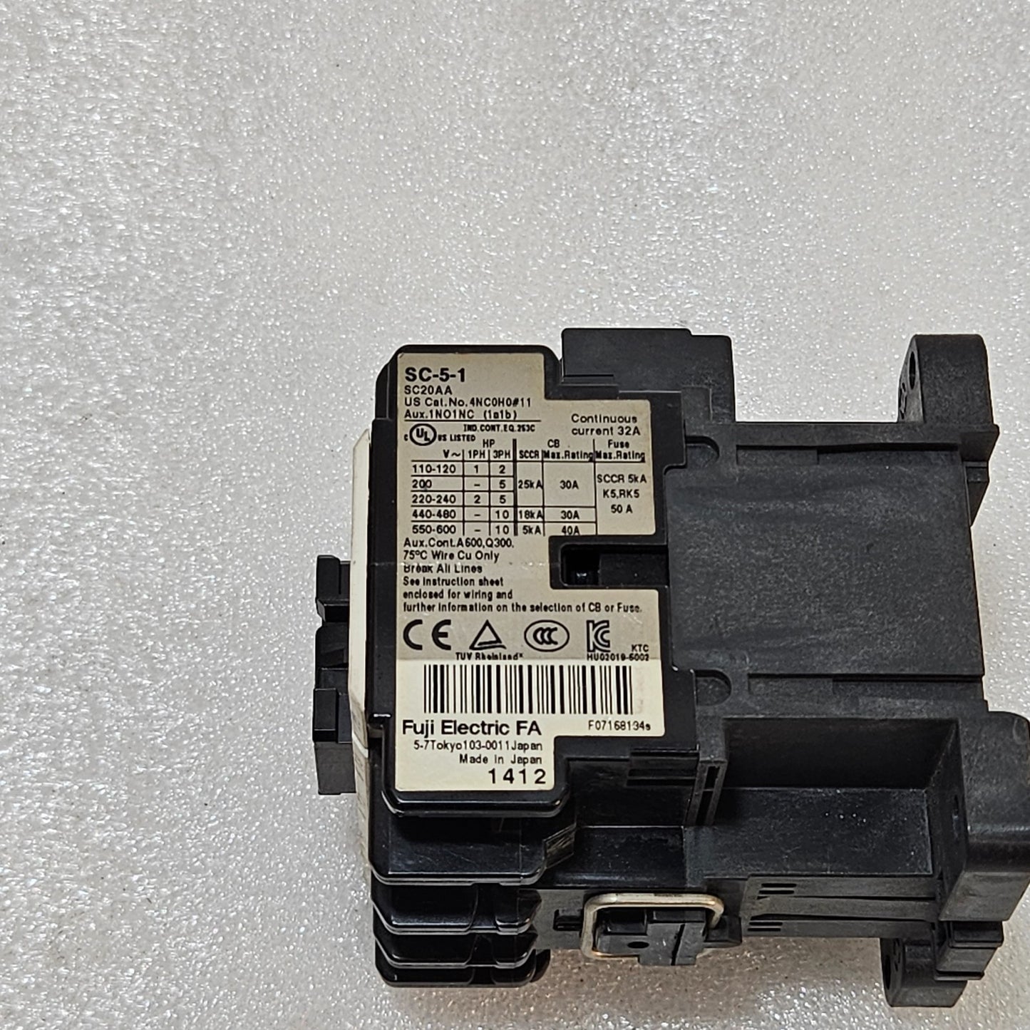 FUJI ELECTRIC SC-5-1 MAGNETIC CONTACTOR 32A AC-3 MOTOR DUTY 100-110V AC COIL