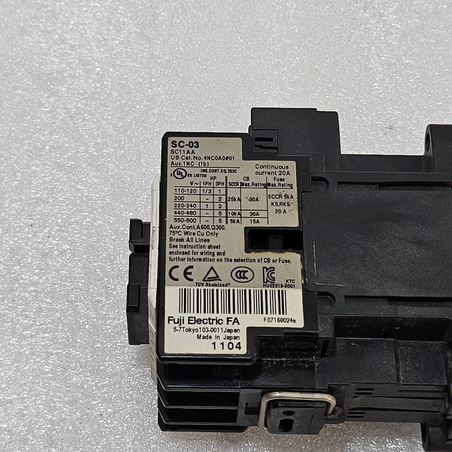 FUJI ELECTRIC SC-03 MAGNETIC CONTACTOR 20A AC-3 MOTOR CONTACTOR WITH 100-110V CO