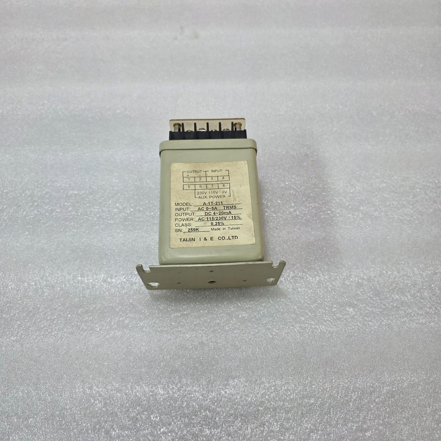 TAIJIN A-1T-211 AC CURRENT TRANSDUCER – 0–5A TRMS INPUT TO 4–20MA OUTPUT, 115/23