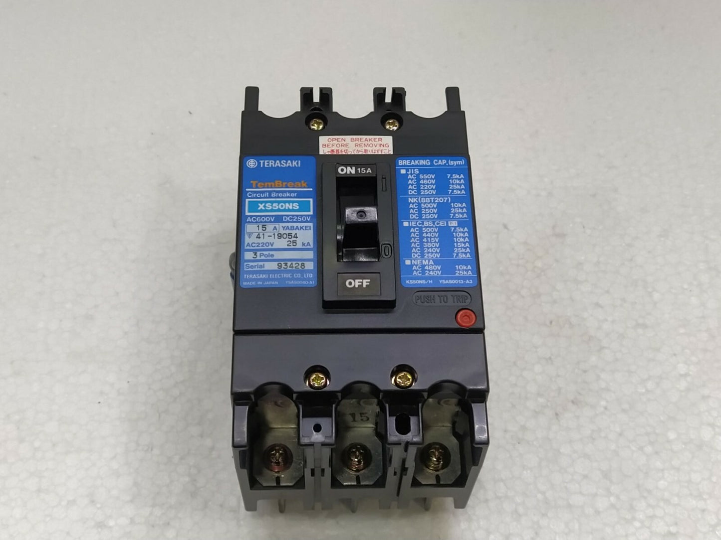 Terasaki TemBreak XS50NS Curcuit Breaker 15A 600VAC 250VDC 3 POLE