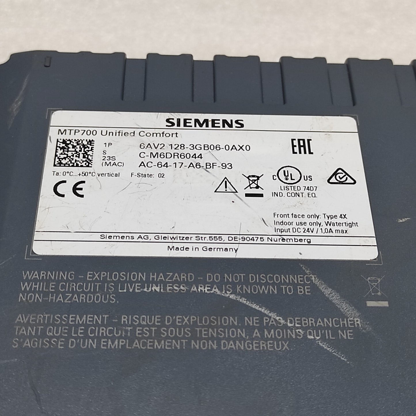 SIEMENS MTP700 UNIFIED CONFORT 6AV2 128-3GB06-0AX0 HMI