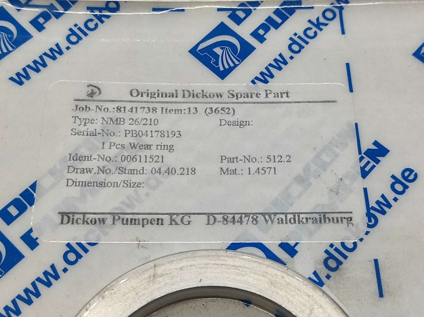 Dickow Pumpen NMB 26/210 Wear Ring 00611521 512.2