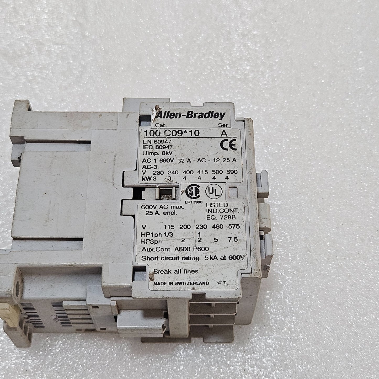 ALLEN-BRADLEY 100-C09*10 SERIES A CONTACTOR – 9A 3-POLE, 600V AC, 5KA SCCR, 230V