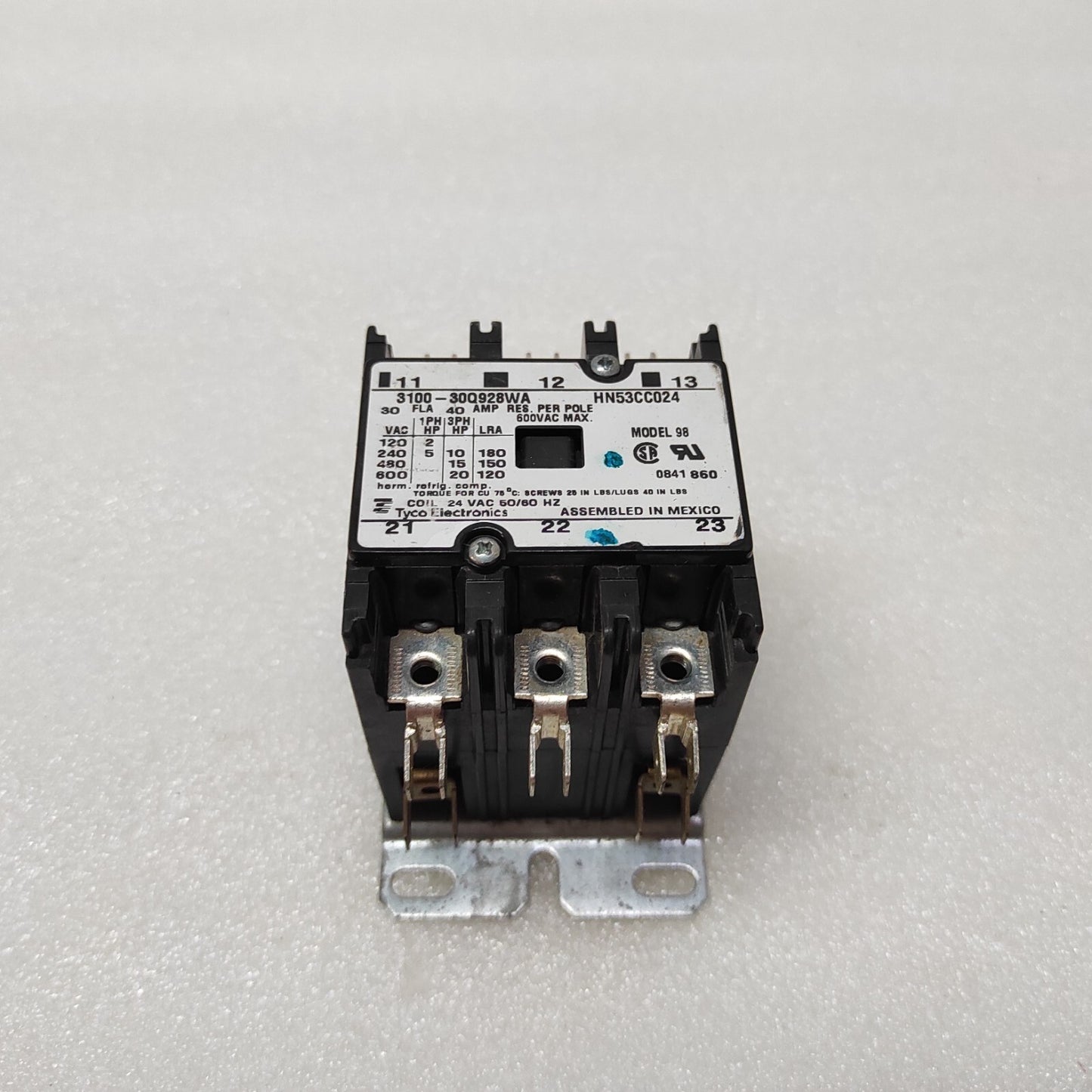 TYCO ELECTRONICS 3100-30Q928WA CONTACTOR HN53CC024 COIL VOLTAGE 24VAC