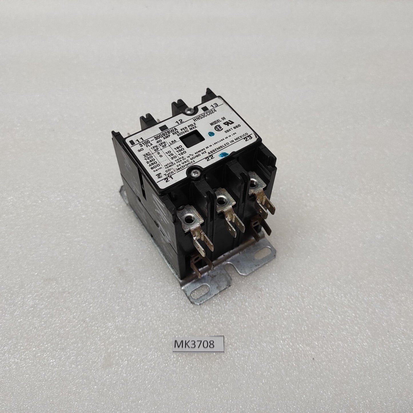 TYCO ELECTRONICS 3100-30Q928WA CONTACTOR HN53CC024 COIL VOLTAGE 24VAC