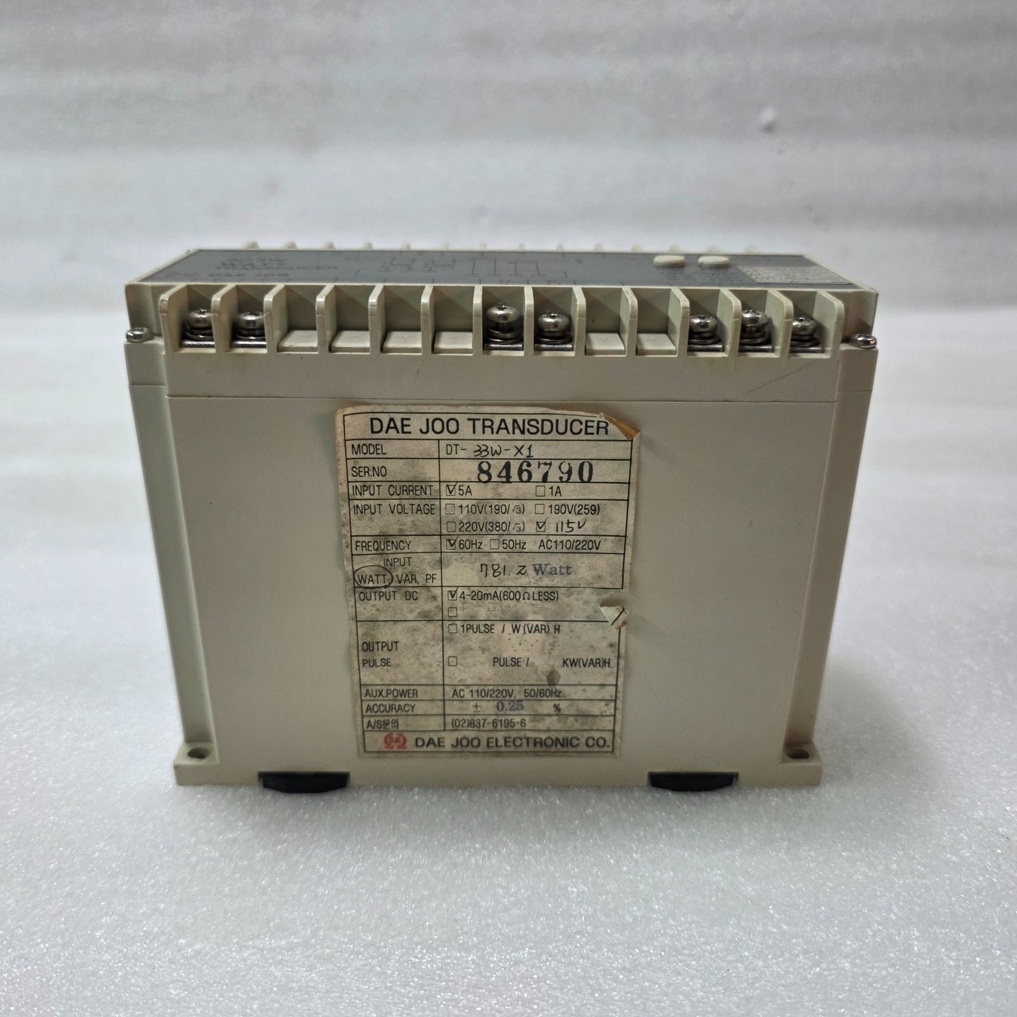 DAE JOO DT-33W-X1 WATT TRANSDUCER 5A 115V 60HZ | 4–20MA OUTPUT | POWER MONITORIN