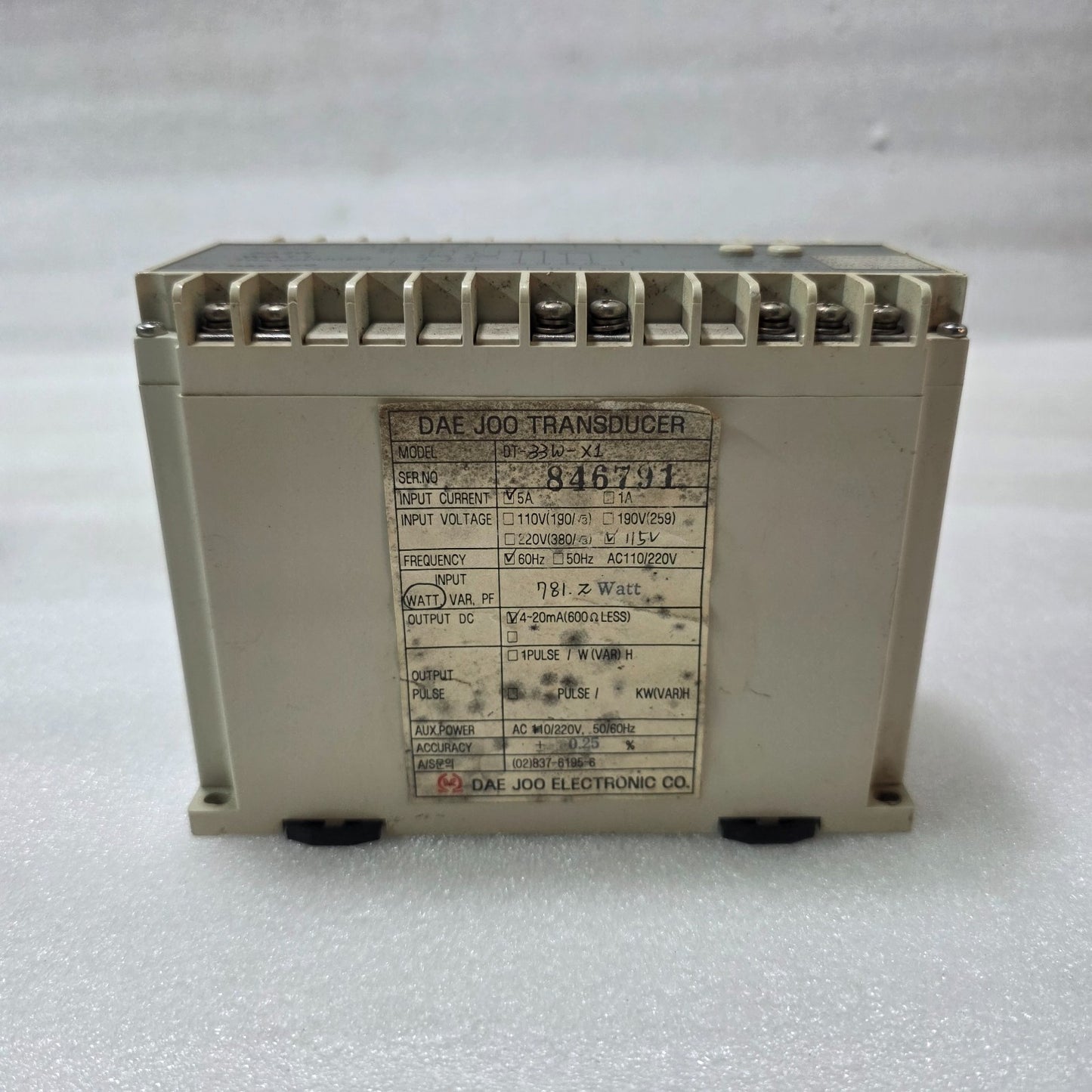 DAE JOO DT-33W-X1 WATT TRANSDUCER 5A 115V 60HZ | 4–20MA OUTPUT | POWER MEASUREME