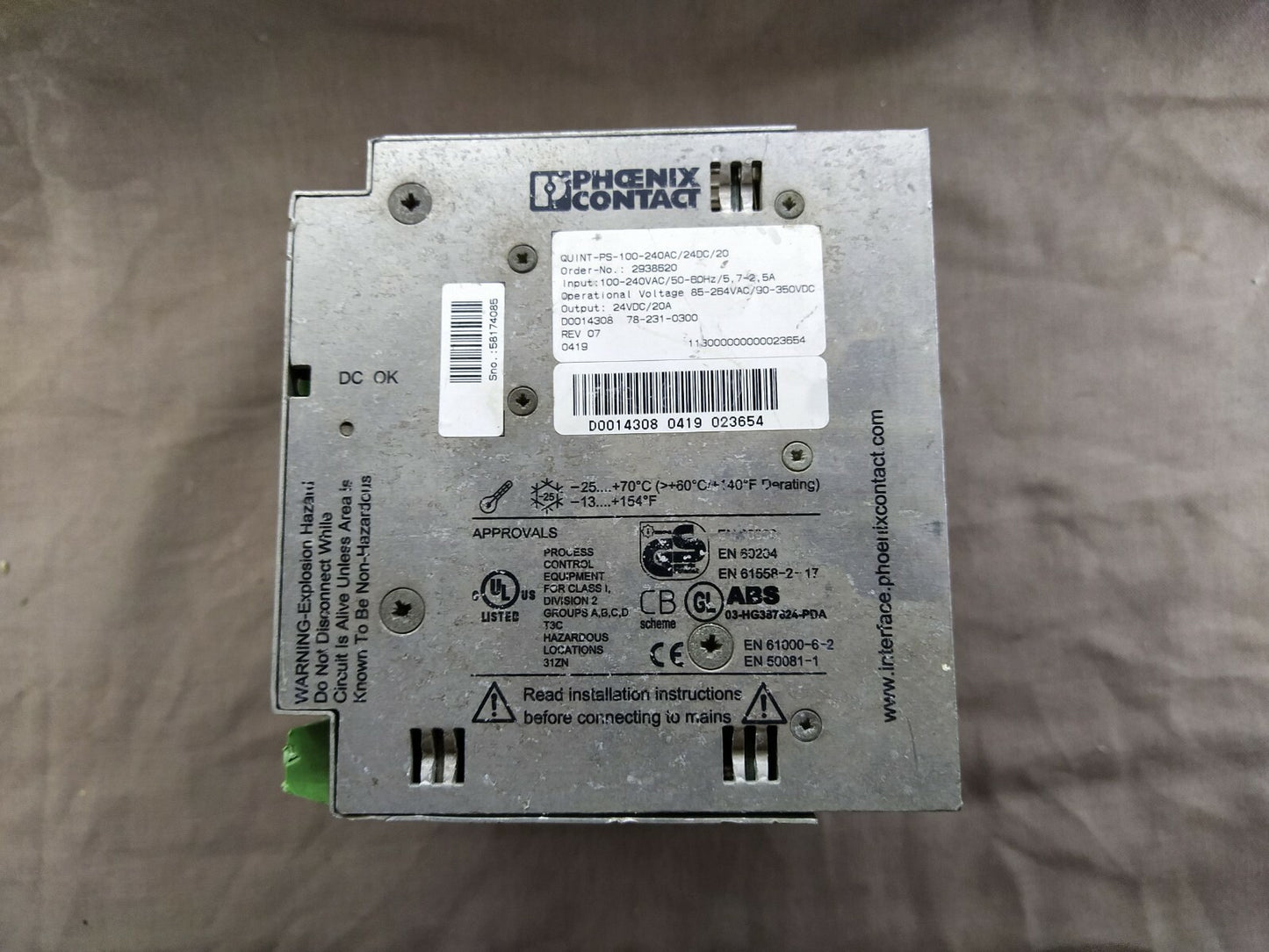 PHOENIX CONTACT QUINT-PS-100-240AC/24DC/20 POWER SUPPLY 2938620