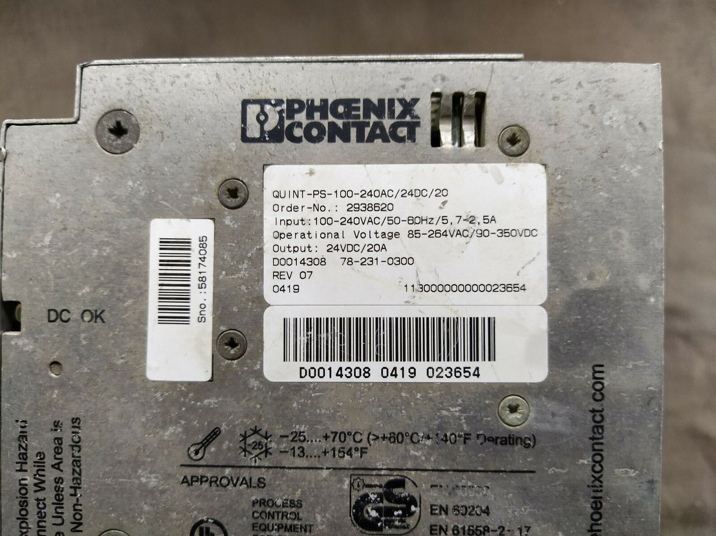 PHOENIX CONTACT QUINT-PS-100-240AC/24DC/20 POWER SUPPLY 2938620