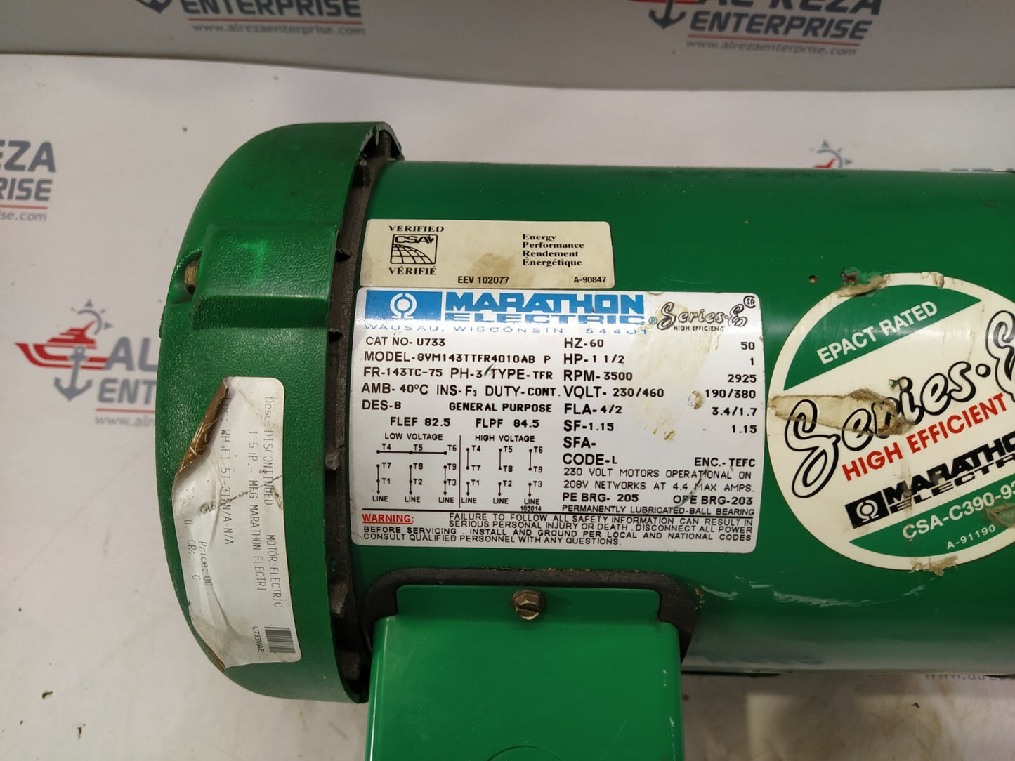 MARATHON ELECTRIC 8VM143TTFR4010AB-P ELECTRIC MOTOR U733 1.5-HP 3500 RPM 230/460