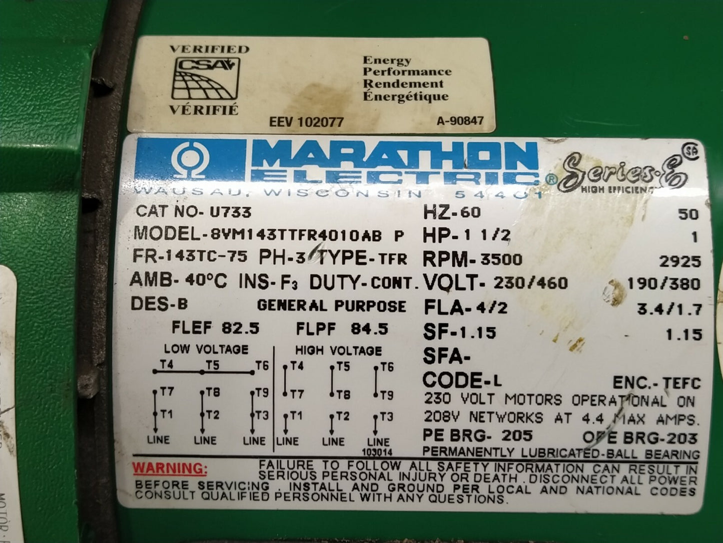 MARATHON ELECTRIC 8VM143TTFR4010AB-P ELECTRIC MOTOR U733 1.5-HP 3500 RPM 230/460