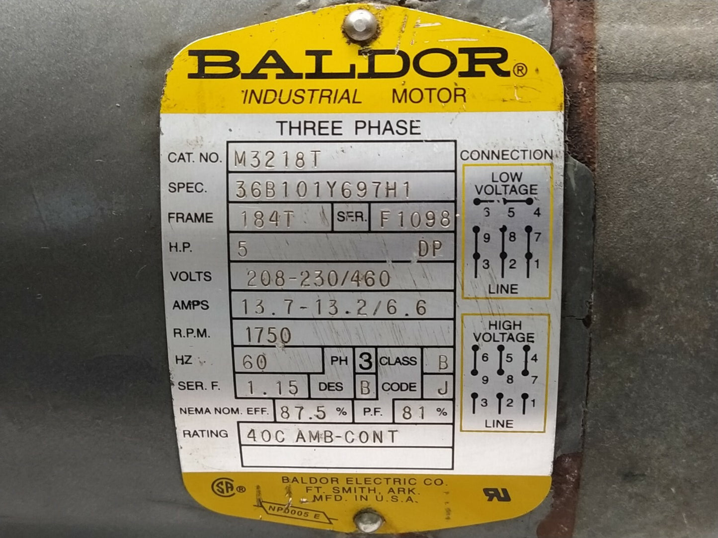 BALDOR 36B101Y697H1 ELECTRIC MOTOR M3218T 5-HP 1750-RPM 208-230/460V