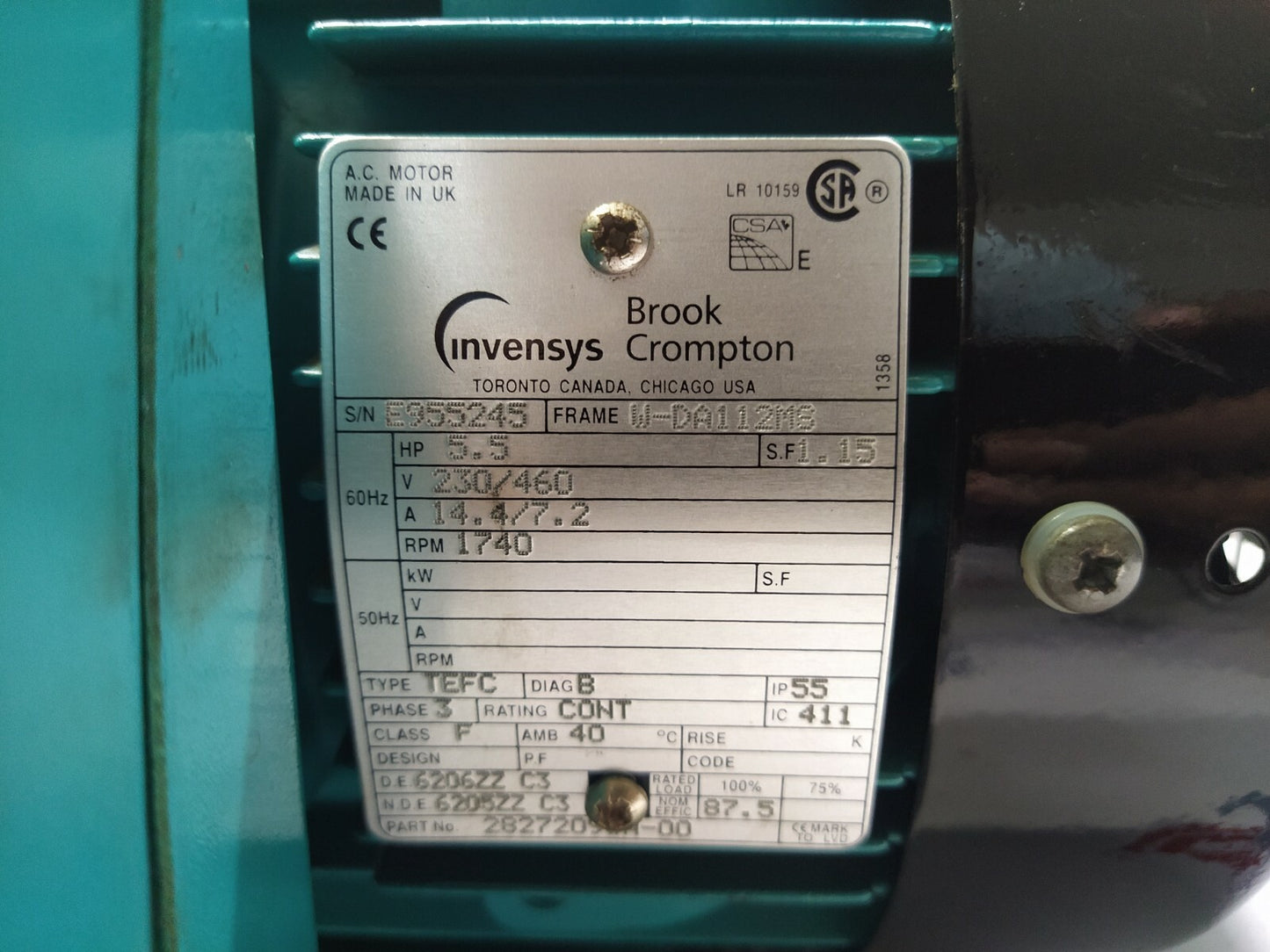 BROOK CROMPTON INVENSYS W-DA112M3 ELECTRIC MOTOR 2827209WH-00 5.5-HP 230/460V 17