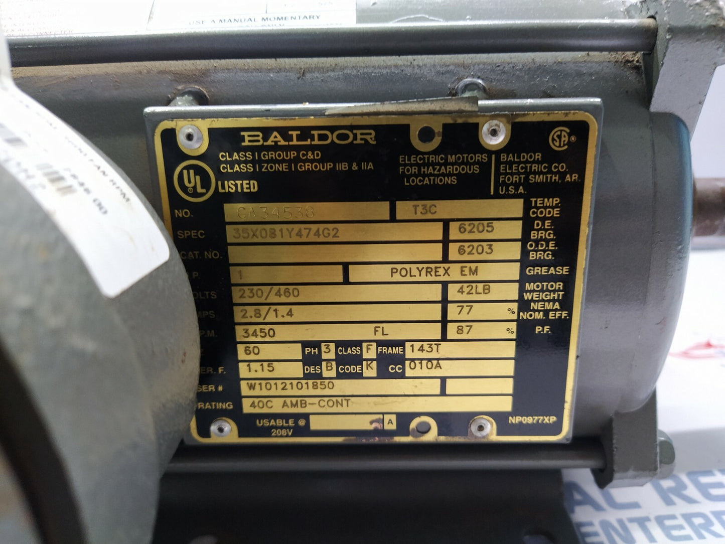 BALDOR CA34538 ELECTRIC MOTOR 35X081Y474G2 1-HP 3452-RPM 230/460V