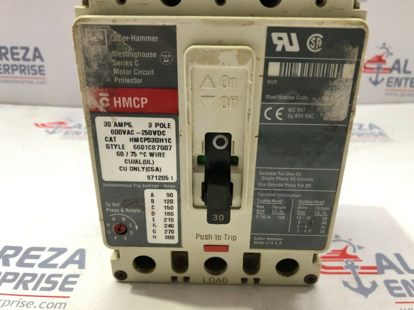 CUTLER HAMMER HMCP CIRCUIT BREAKER HMCP030H1C 30AMP 3POLE 600VAC/250VDC