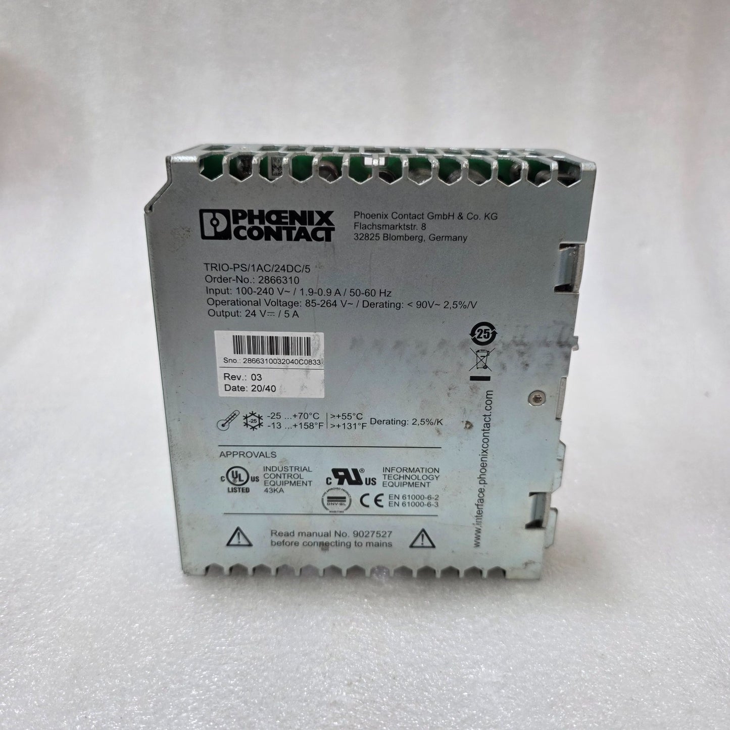 PHOENIX CONTACT TRIO-PS/1AC/24DC/5 POWER SUPPLY 24V 5A DIN RAIL PSU 2866310