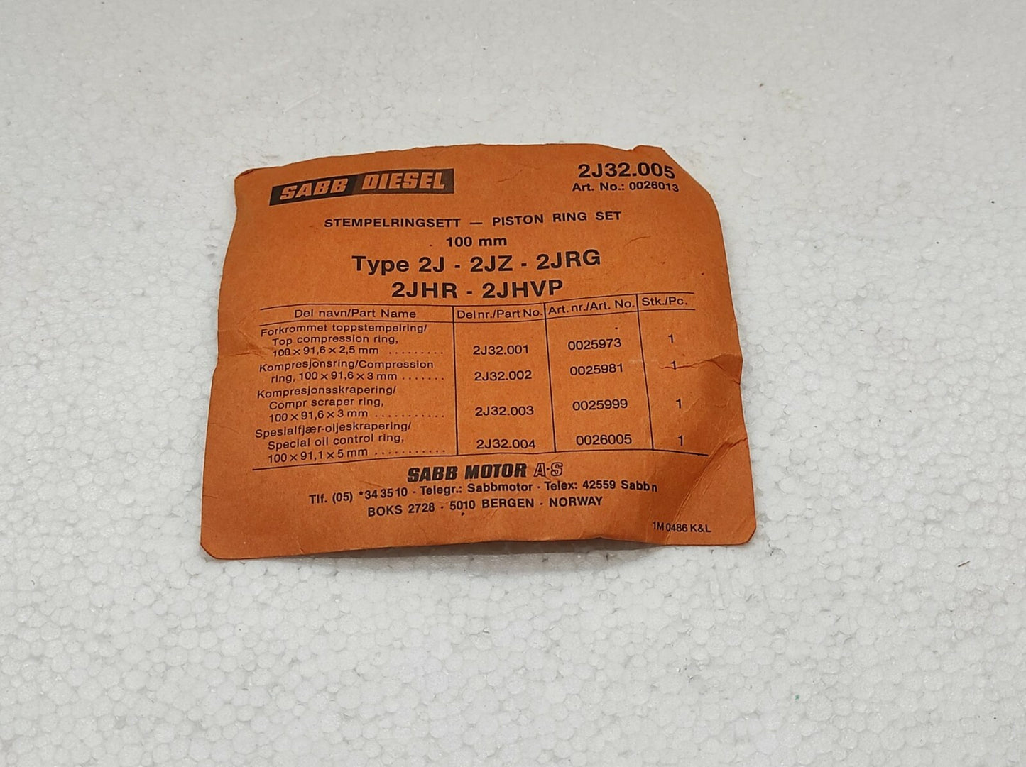 Saab Diesel Piston Ring Set 0026013 2J32.005 TYPE 2J - 2JZ - 2JRG - 2JHR - 2JHVP