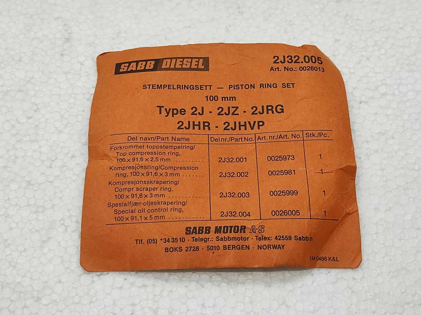 Saab Diesel Piston Ring Set 0026013 2J32.005 TYPE 2J - 2JZ - 2JRG - 2JHR - 2JHVP
