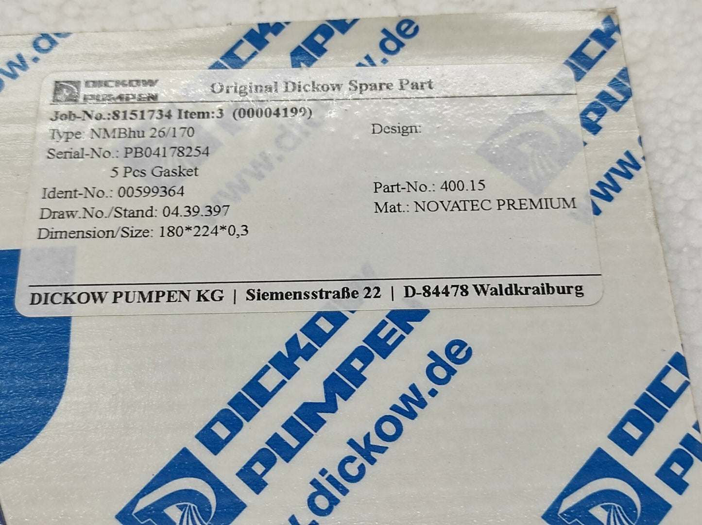 Dickow Pumpen NMBHU 26/170 Gasket 00599364 400.15 04.39.397