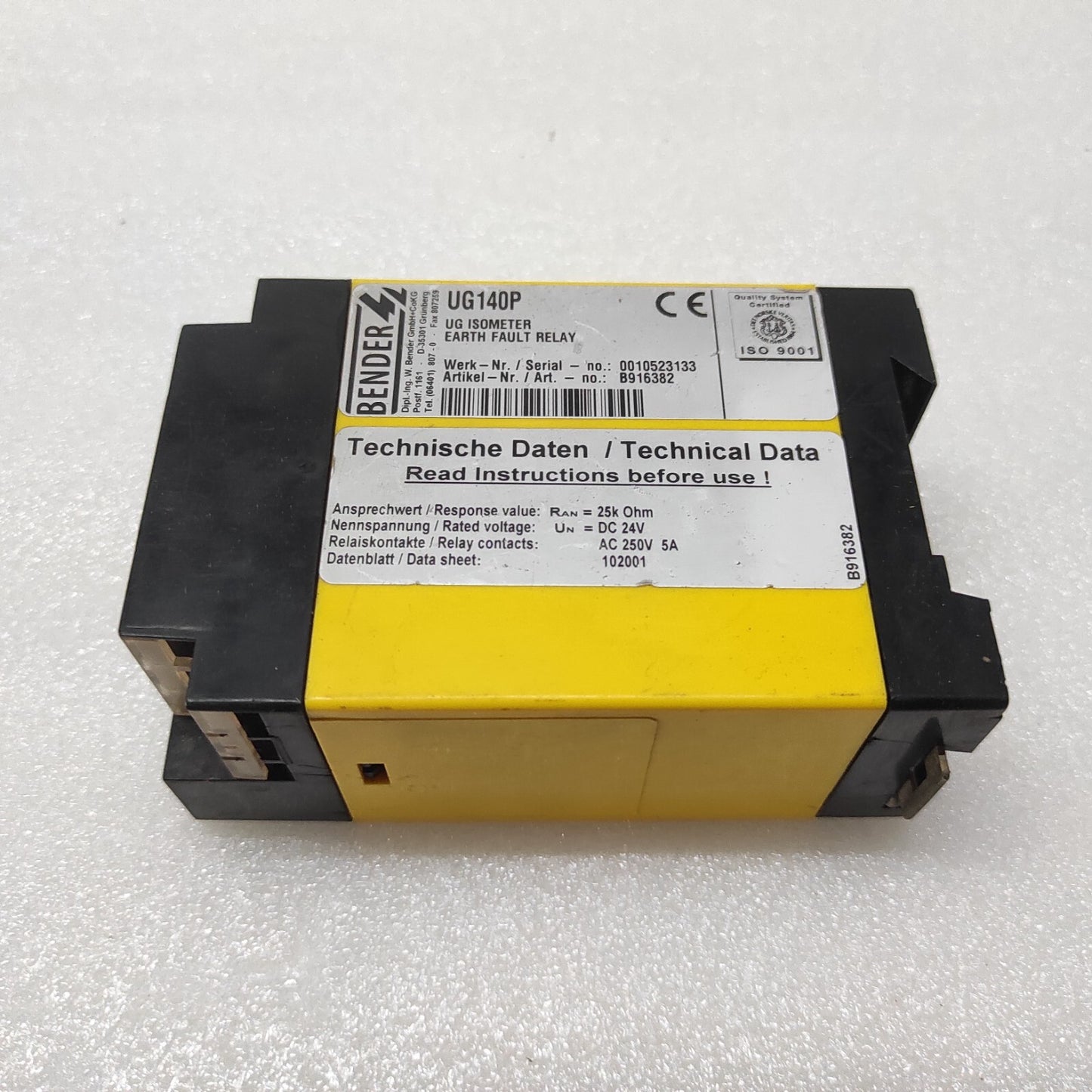 BENDER UG140P EARTH FAULT RELAY B916382 24VDC
