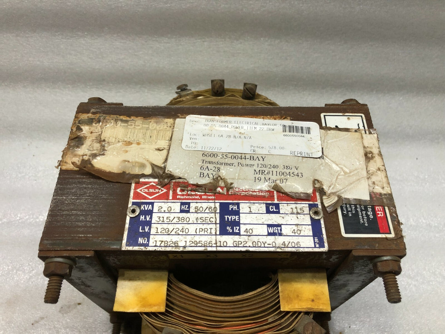 OLSUN TRANSFORMER 17826 129586-10 GP2.0DY-0 4/06 TRANSFORMER 2 KVA 6600550044 12