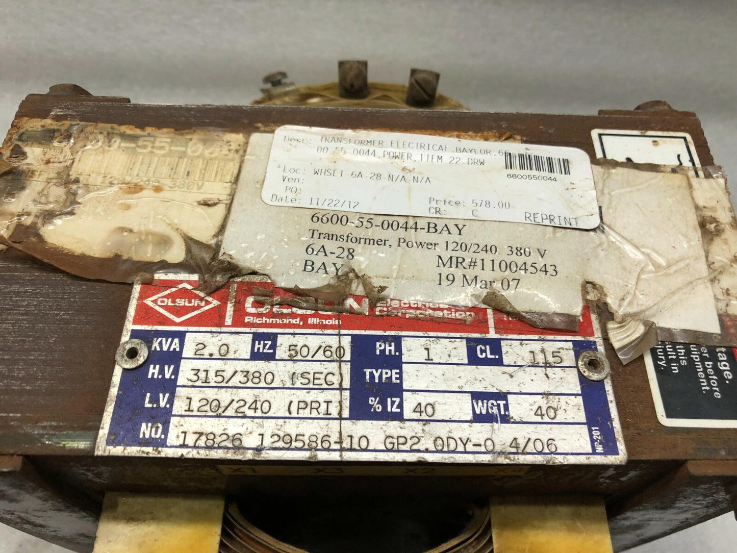 OLSUN TRANSFORMER 17826 129586-10 GP2.0DY-0 4/06 TRANSFORMER 2 KVA 6600550044 12