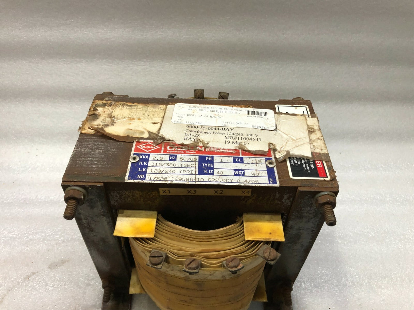 OLSUN TRANSFORMER 17826 129586-10 GP2.0DY-0 4/06 TRANSFORMER 2 KVA 6600550044 12