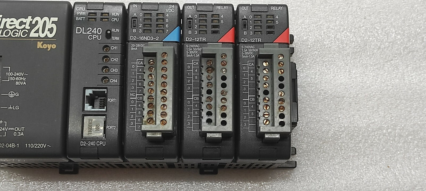 KOYO DIRECT LOGIC 205 PLC D2-04B-1 PS D2-240 CPU D2-16ND3-2 IN D2-12TR OUT