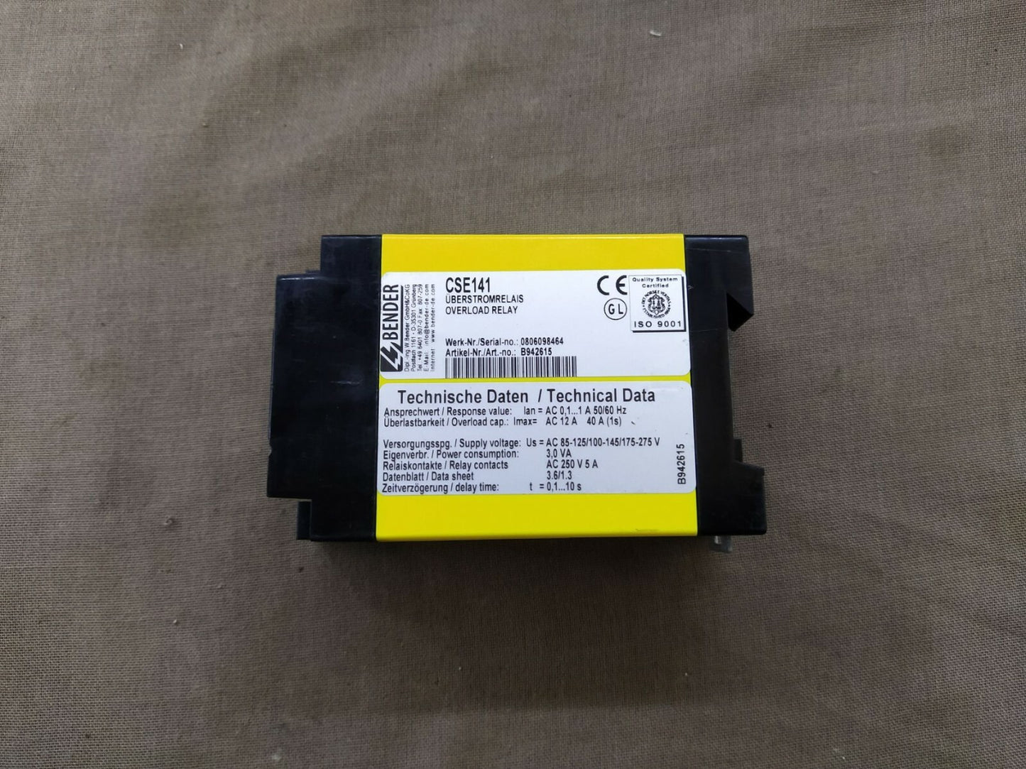 Bender CSE141 Overload Relay B942615 85-275 VAC