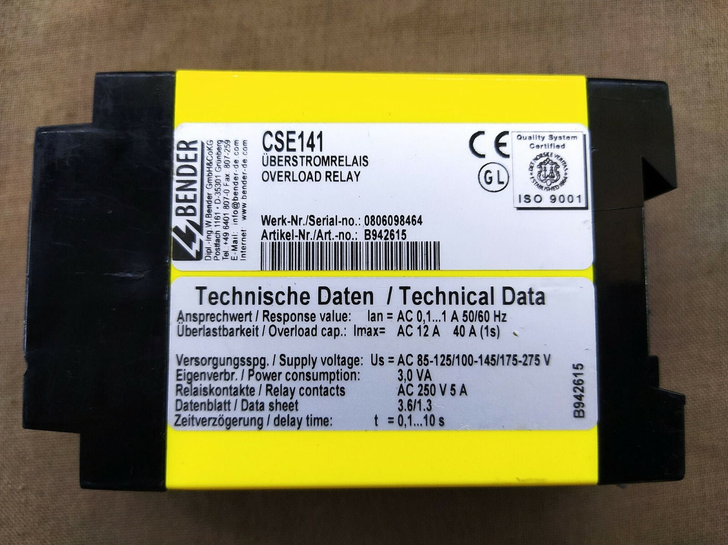 Bender CSE141 Overload Relay B942615 85-275 VAC