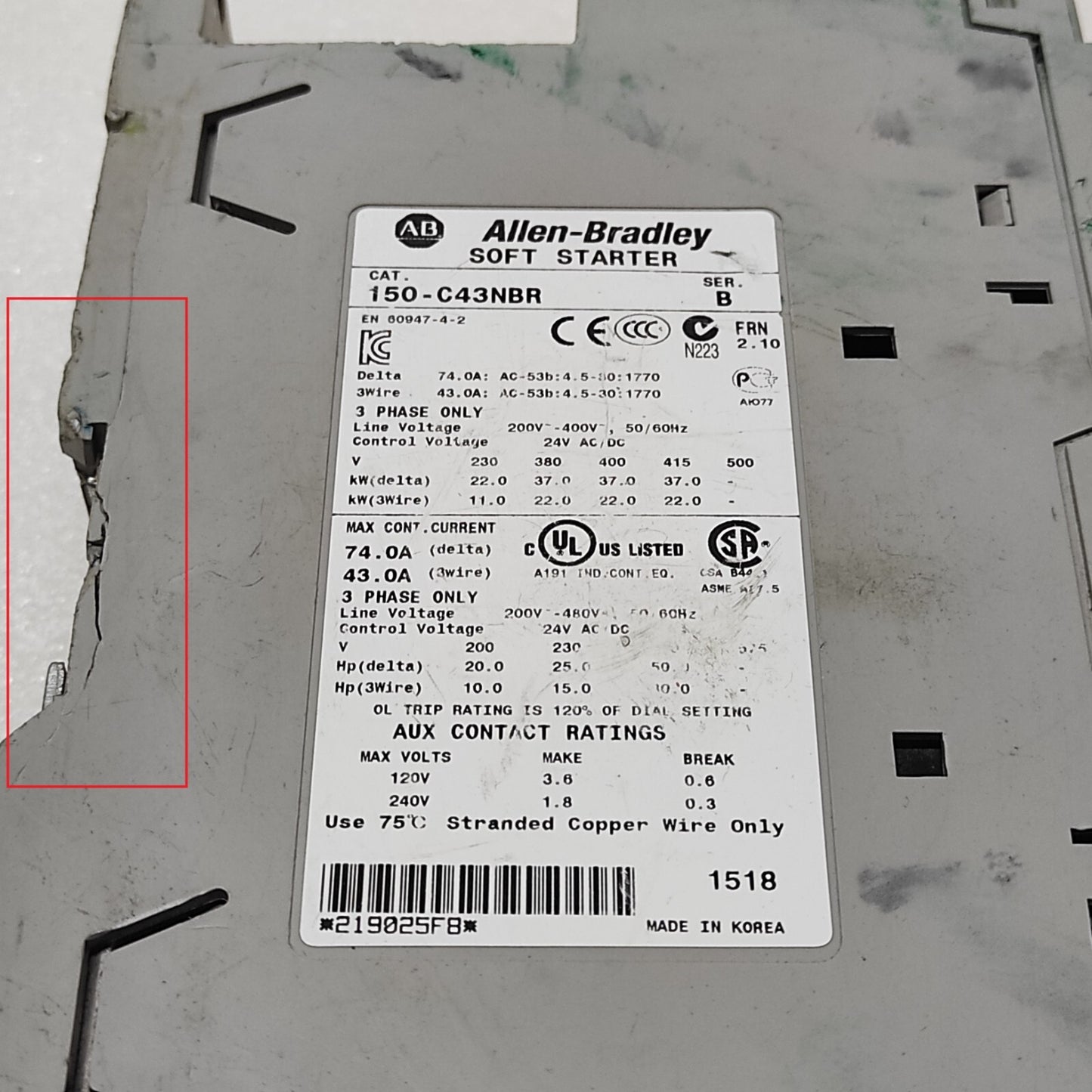 ALLEN BRADLEY SMC-3 SOFT STARTER CAT 150-C43NBR BODY CRACKED-DAMAGED