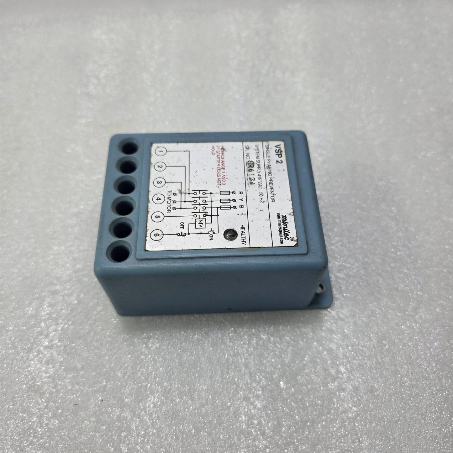 MINILEC VSP-2 SINGLE PHASING PREVENTOR RELAY 415V AC 50HZ THREE PHASE PROTECTION