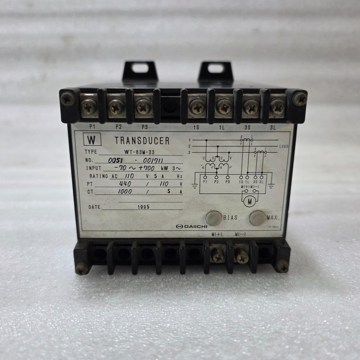 DAIICHI WT-83M-33 THREE PHASE WATT POWER TRANSDUCER 440V 1000/5A 110V